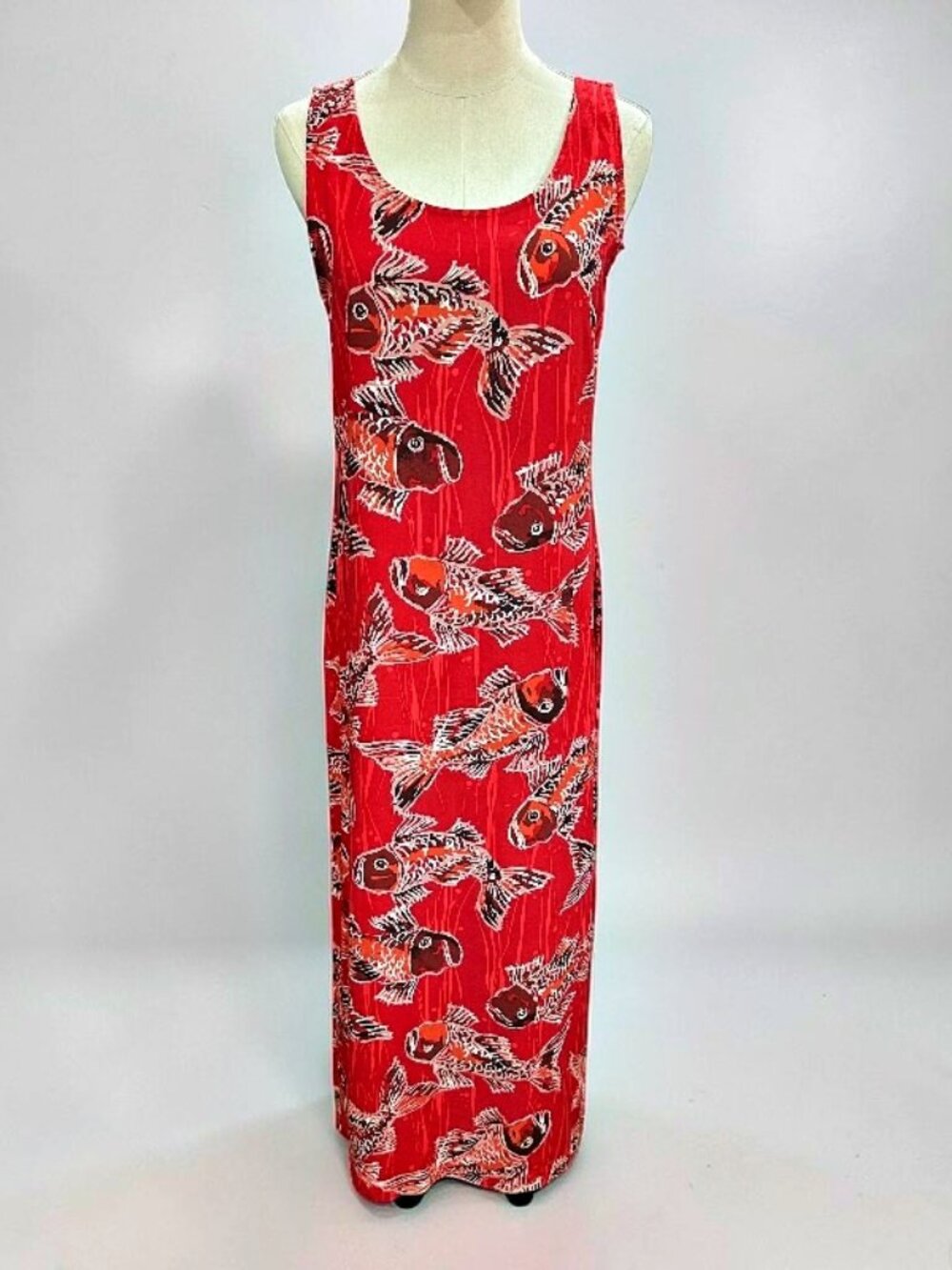 VTG Fish Print Maxi Dress M Red Rayon Sleeveless Tropical 90s Resort Cruise Y2K